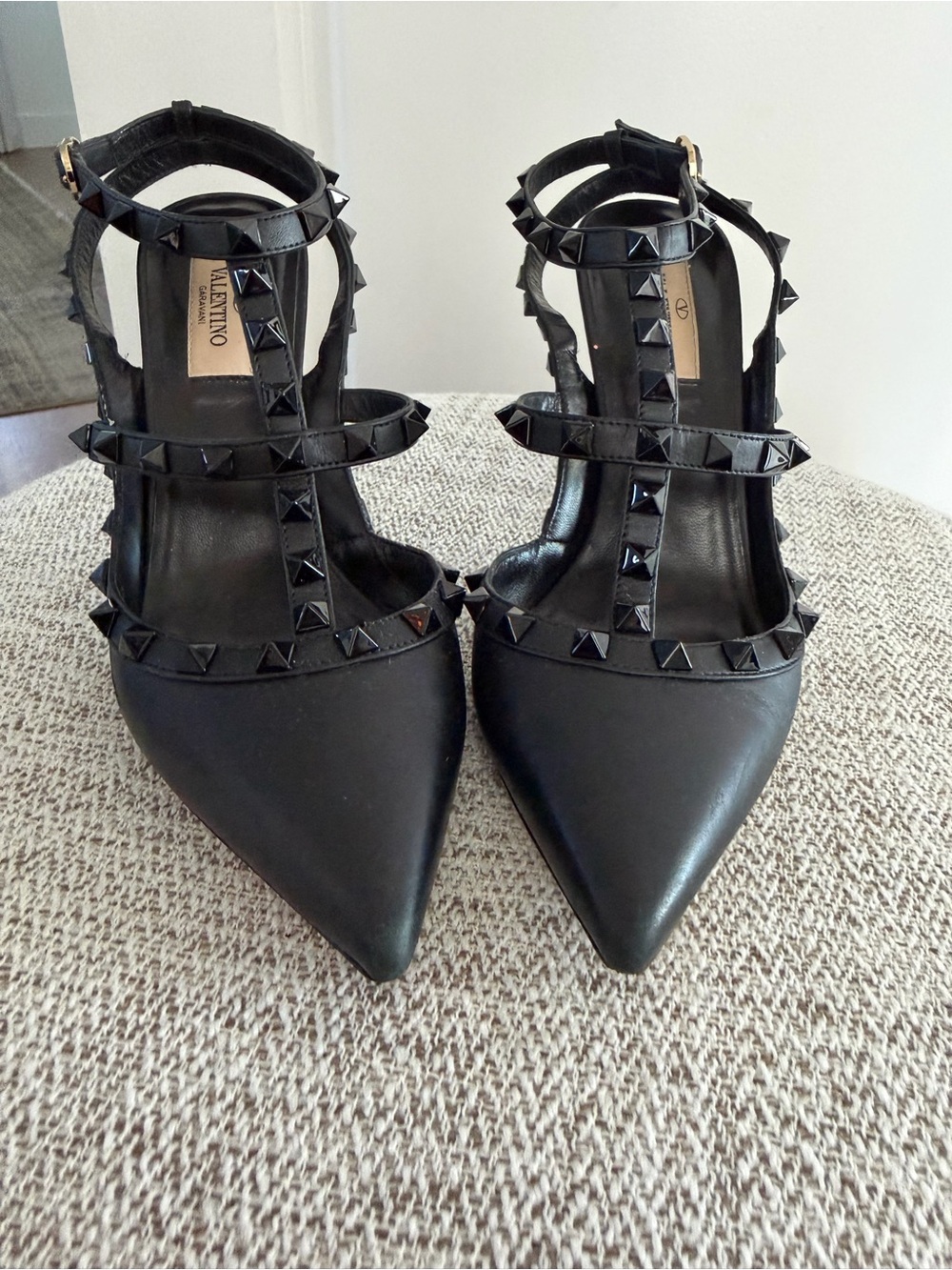 Valentino Black Rockstud Pointed T-Strap Heels